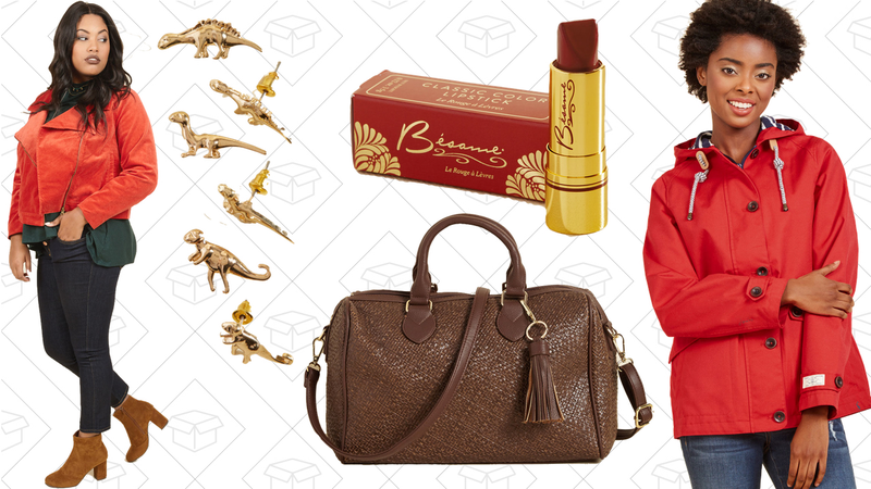 Karaoke Songstress Jeans, $60 | Dino Doubt About It Earring Set, $23 | Rip-Roaring Radiance Lipstick, $22 | Had a Haul of a Time Bag, $25 | Rainy Day Dreamer Waterproof Jacket, $150